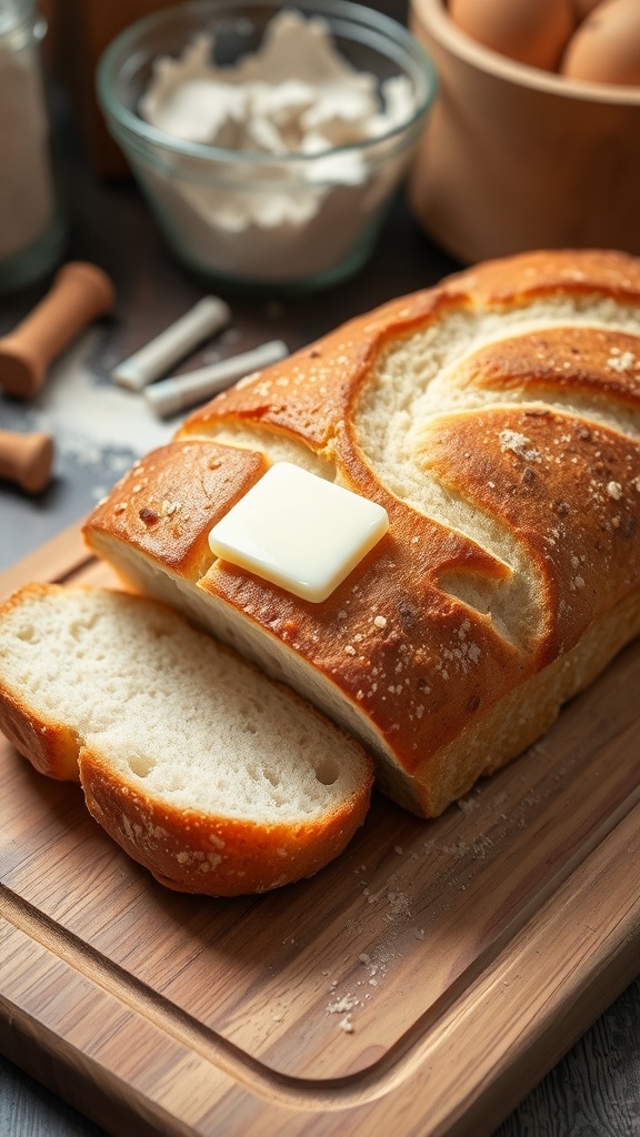 A golden brown loaf of yeast bread sliced, with melting butter on top, on a wooden board.